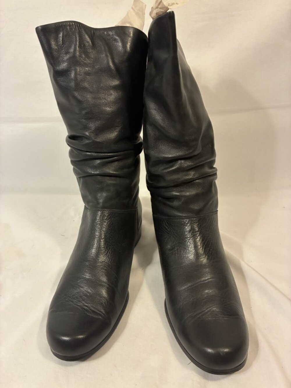 Vtg Genuine Black Leather Slouchy Pull On Mid Calf Boots Wide Width Size 11 W